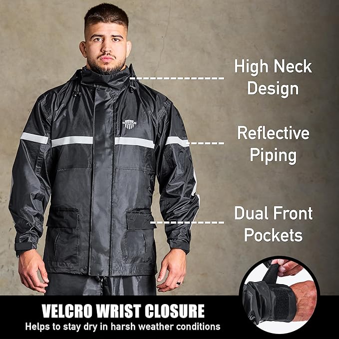 Waterproof Motorcycle Rain Suit, 2-Piece Reflective Gear, Lightweight Riding Jacket & Pants, Protective Raincoat with Hoodie