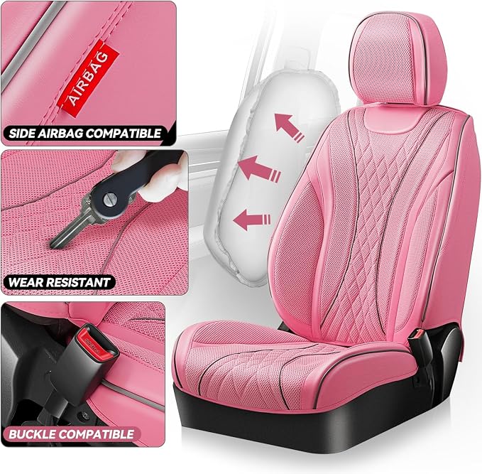 Auto Dynasty Car Seat Covers Front Set, Anti-Slip Automotive Interior Covers with Storage Pocket, Breathable Car Seat Protectors, Airbag Compatible, Fit Most Vehicles, Diamond Stitch Mesh Pink (2Pcs)