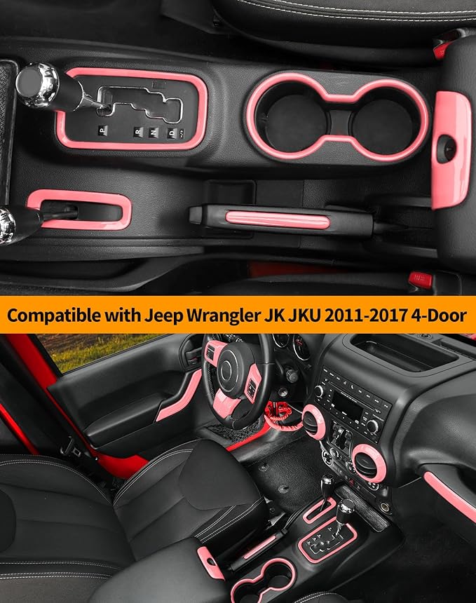 Hoolcar Steering Wheel Cover Gear Shift Panel Trim Cover Water Cup Holder Cover Kit Interior Accessories Kit Fit for Jeep Wrangler JK JKU 2011-2018, 4-Door, Pink