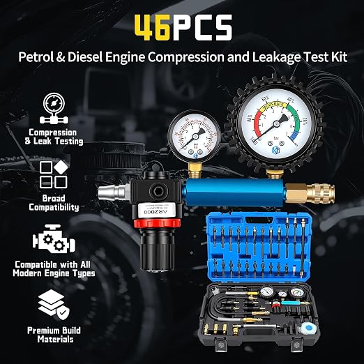 Kuntech 46PCS Compression & Leak Down Tester Kit Dual-Gauge for Petrol/Diesel Engines, Cylinder Leak Detector with Quick-Connect Hose, Compression Tester Kit for HDI, TDCi, Pumpe Duse Engine
