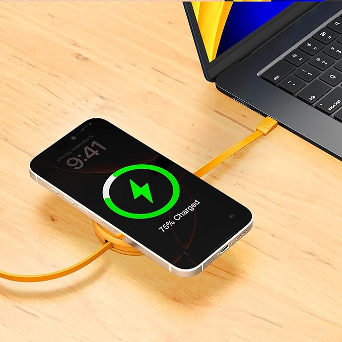 2-in-1 Retractable Cable with Wireless Charger-Orange