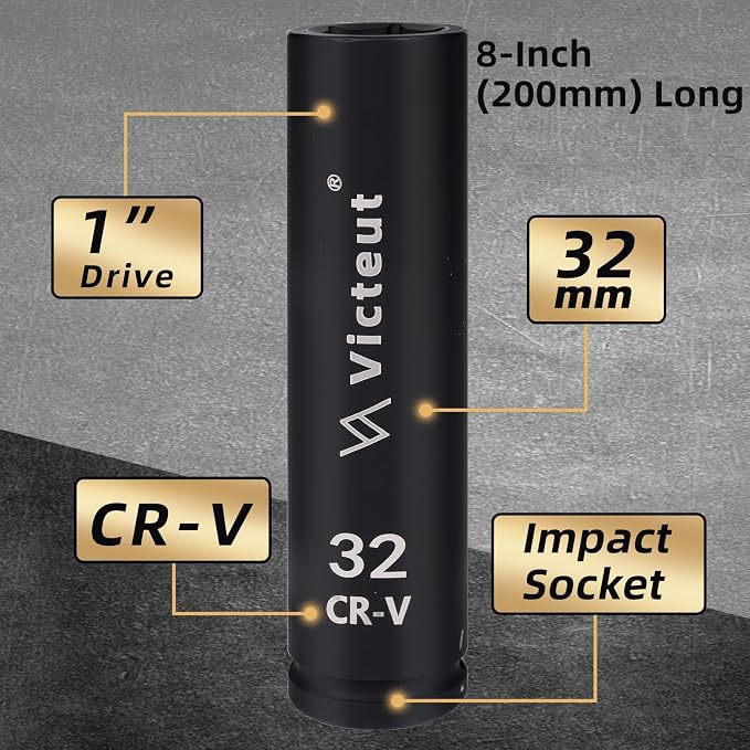 1-Inch Drive 32mm Extra Deep Impact Socket, 8-Inch (200mm) Long, 6-Point Truck & Trailer & Tractor Wheel Nut Socket, Heat Treated Cr-V Alloy Steel, One-Piece Forged, No Torque Loss