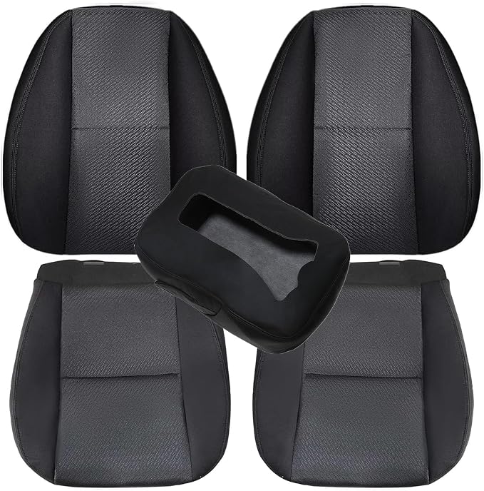 GXARTS Front Driver & Passenger Side Bottom & Top Lean Back Replacement Cloth Seat Cover & Center Console Cover Black #19C Fit for Chevy Silverado Avalanche Suburban Tahoe GMC Sierra Yukon 2007-2014