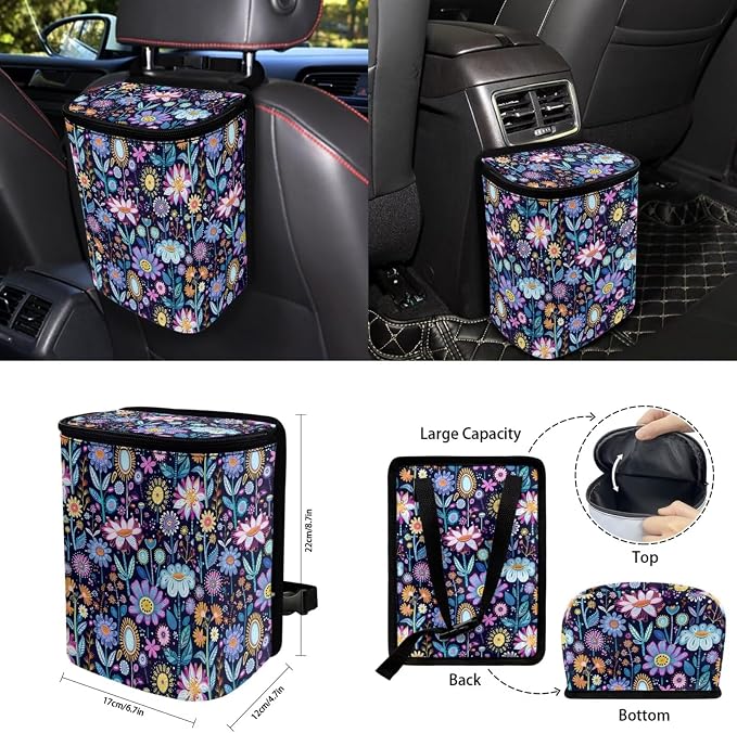 15 Pcs Hippie Floral Car Seat Cover Full Set for Women with Car Steering Wheel Cover Seat Belt Cover Trash Bin Front Rear View Mirror Car Cup Holder Keychain