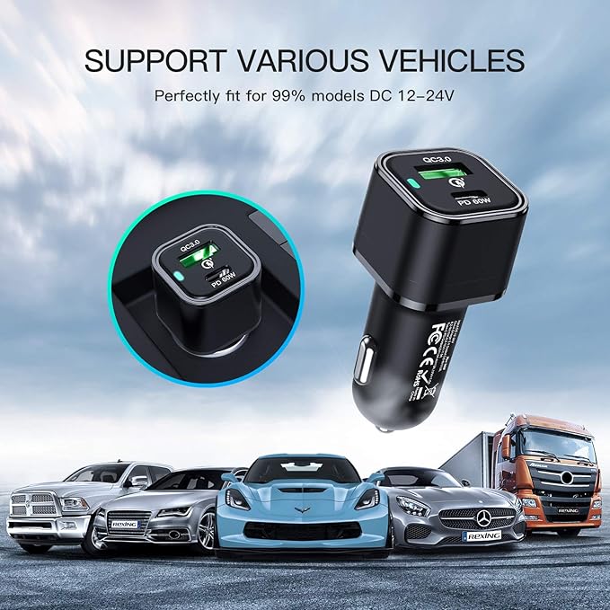 REXING JETSPEED Black 78W PowerDrive+ USB-C Car Charger, 2 Port QC3.0/PD3.0 for Dashcam/Android/iPhone/iPad/MacBook/Windows Fast Charge Dual Cigarette Lighter Adapter