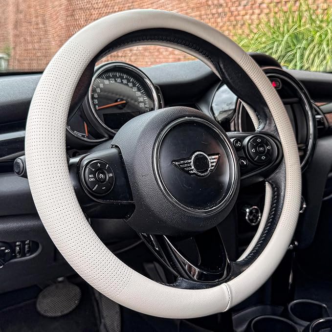 PINCTROT Nappa Leather Steering Wheel Cover, Slim Fit No Bulk Design, One Piece Leather with Breathable Perforation, Fit Like Gloves, Universal 14.5-15 Inch(Nappa White)