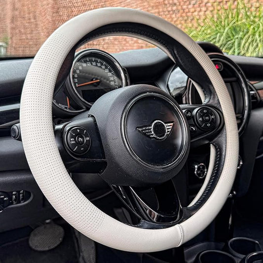 PINCTROT Large Size Nappa Leather Steering Wheel Cover, Slim Fit No Bulk Design, One Piece Leather with Breathable Perforation, Fit Like Gloves, 15.5-15.75 Inch(Nappa White)