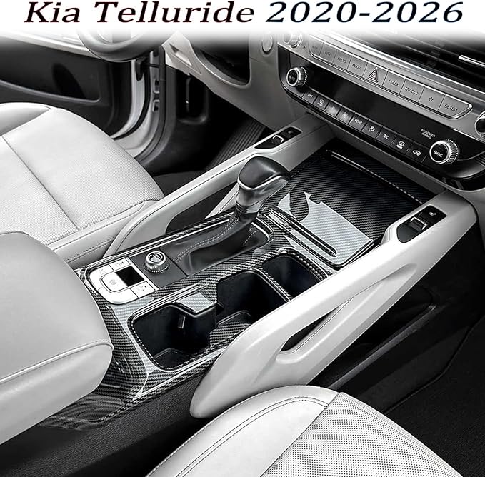Center Console Frame Cover,for Kia Telluride 2020 2021 2022 2023 2024 2025 2026, Gear Shift Panel,Cup Holder Trim - Carbon Fiber Protective Accessories