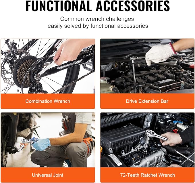VEVOR Mechanics Tool Set and Socket Set, 1/4" 3/8" 1/2" Drive, 450 PCS | SAE and Metric Socket Wrench Set with 3-Drawer Tool Box, Tool Kit with Bits, Combination Wrench, Hex Wrenches, Accessories