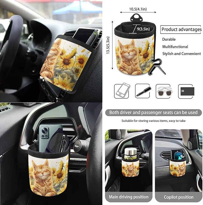 Cat Sunflower Print Car Seat Cover Full Set of 15 Seatbelt Strap Cover Garbage Cans Air Vent Storage Bag Coasters Rearview Mirror Covers Keychain Universal Fit