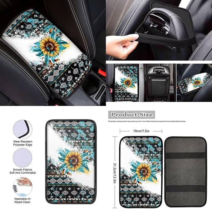 Retro Sunflower 12 Pieces Car Seat Covers Sets Steering Wheel Cover Steering Wheel Cover Car Console Covers Cars Seat Belt Cover Personalized for Most Cars, SUVs
