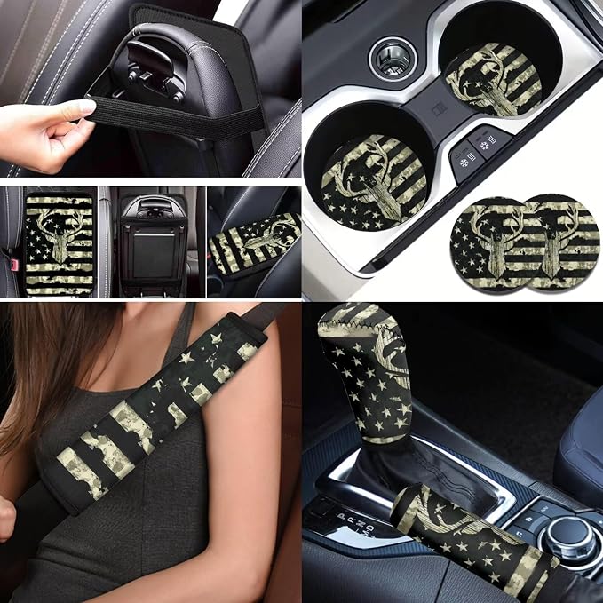 BIGCARJOB American Flags Deer Car Seat Cover Set 12 Pcs Universal Steering Wheel Covers,Armrest Pads,Coaster-Animal Deer Print Auto Seat Protector Full Set,Fit Most Vehicle,Cars,Sedan