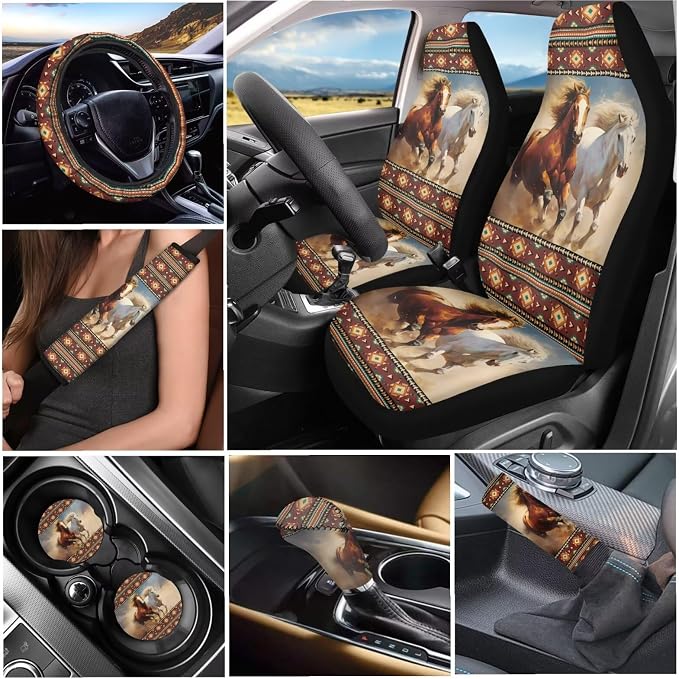 Tupalatus Aztec Horse 9 Pcs Car Seat Covers 2 Front Seats Car Accessories Full Set for Women Men Steering Wheel Cover Seat Belt Pads Cover Coasters Gear Shift Hoodie Handbrake Cover