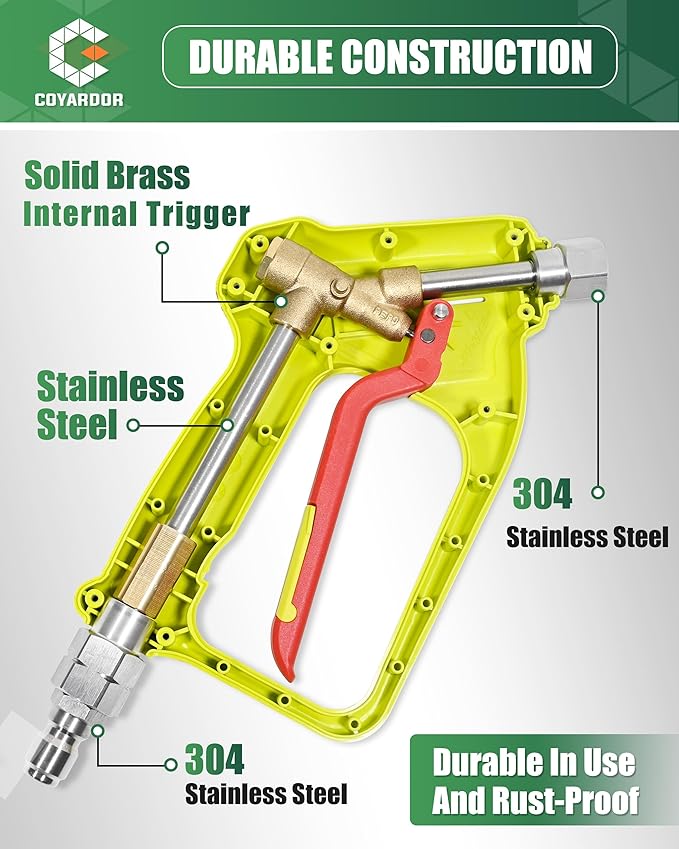 Pressure Washer Short Gun with Swivel 3/8" Male Plug & 1/4”Quick Connector Coupler - Comfortable Handle - Compatible with Foam Cannon for Car Wash 4000 PSI, Yellow