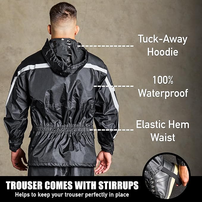 Waterproof Motorcycle Rain Suit, 2-Piece Reflective Gear, Lightweight Riding Jacket & Pants, Protective Raincoat with Hoodie