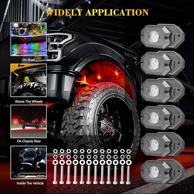 RGB Rock Light Kits, Niking Auto 6 Pods RGB LED Rock Lights Pods with Bluetooth Controller Timing Music Modes Multicolor Neon LED Lights Underglow Trail Rig Lights for Off Road UTV Trucks SUV ATV Boat