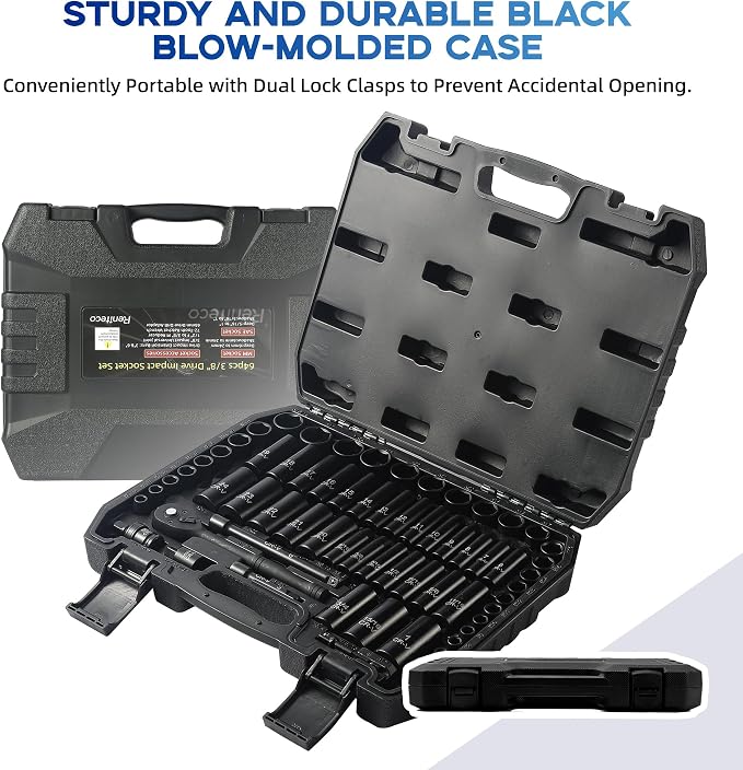 Reniteco 64-Piece 3/8" Drive Socket Set, SAE (5/16"-1") & Metric (6mm-24mm), Deep & Shallow, 72-Tooth Ratchet Wrench, Extension Bars, 1/2" F to 3/8" M Reducer, Universal Joint & Power Drill Adapter