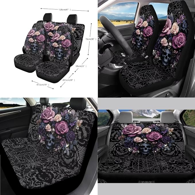 Rose Skull Print Full Set Car Seat Covers with Accessories Includes Steering Wheel Cover Center Console Pad Safety Belt Pads Inside Rearview Mirror Cover Garbage Bag Coasters
