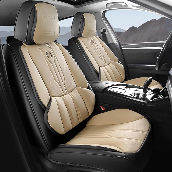 AOOG Seat Covers Custom Fit for Dodge Ram 1500/2500/3500 2002-2026 Faux Leather Seat Cover Set Compatible with Crew, Regular, Quad, Mega Cab, Waterproof Car Truck Cushions(BeigeBlack, Front Seat)