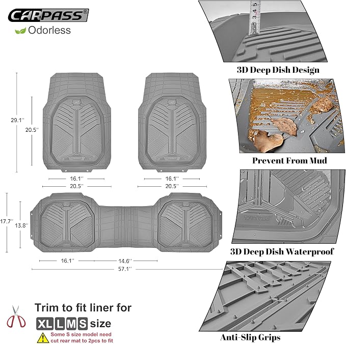 CAR PASS Heavy Duty Rubber Car Mats, Deepdish All Weather Floor Mats for Car Full Set, Universal Automotive Mats Trim to Fit for Sedans SUVs Trucks, Waterproof Anti-Slip Deep Tray 3 Pieces Light Gray