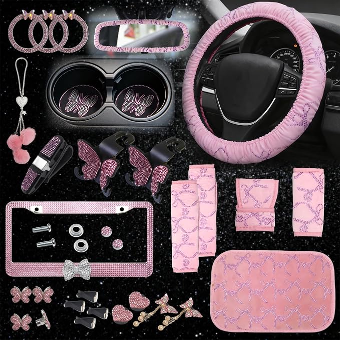 25 Pcs Butterfly Bling Women's Car Accessories Set,Universal 15 Inch Steering Wheel Cover,Bling Butterfly License Plate Frame and Car Coasters(Pink)