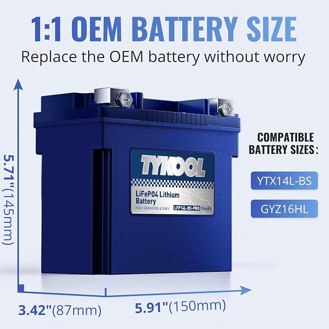 TYKOOL YTX14L-BS [- +] Lithium Battery 480 CCA for Harley Davidson Sportster 883 1200 Iron 48 XL XLH 2004-2023 Street 500 750 2014-2021 XR1200X BRP Seadoo Spark | Digital SOC Display IP67 Waterproof