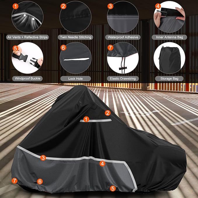 Waterproof Motorcycle Cover Compatible with Harley Davidson Electra Glide/Road King/Street Glide/CVO Road Touring Without Trunk Models, 420D Oxford Cloth Cover for Snow Rain Dust Protection