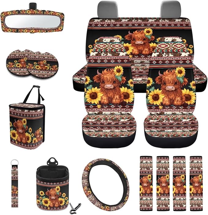 Aztec Tribal Geometric Pattern 15 PCS Interior Decoration for Car, Highland Cattle Sunflower Car Seat Covers Full Set Seat Belt Pads Coasters Car Trash Can Air Vent Storage Bag Keychain