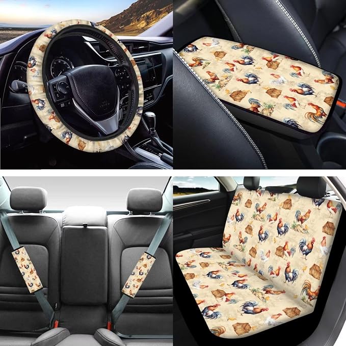 Mumeson Vintage Rooster Car Accessories Full Set of 8pcs Car Seat Covers with Seat Belt Pads, Steering Wheel Cover, Car Armrest Cushion Auto Interior Protector Covers Decor