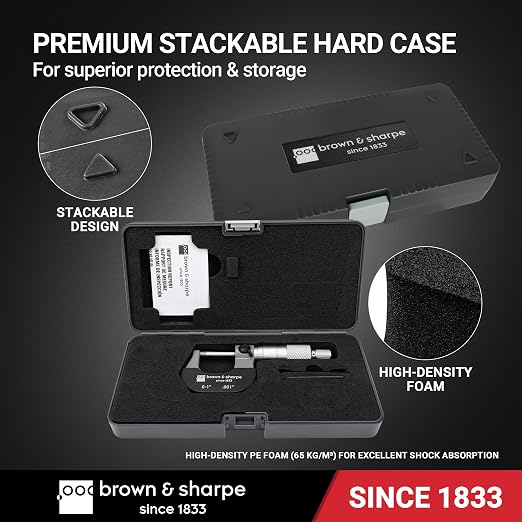 Brown & Sharpe Outside Micrometer 0–1", Precision Micrometer Machinist Tools, 0.001" Graduation, Carbide Measuring Faces, Ratchet Stop, Satin Chrome Sleeve for Reliable Measurement & Clear Reading