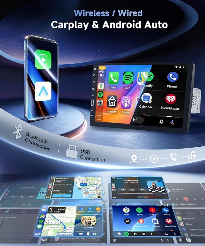 Single Din Car Stereo Support Wireless Carplay Android Auto You-Tube, 9-Inch IPS Touch Screen Car Radio 1 Din with backup Camera Car Audio Receiver Support Mirror Link Bluetooth FM USB EQ SWC