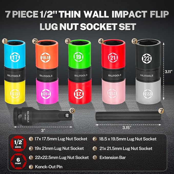 BILITOOLS 1/2 inch Drive Impact Flip Socket Set &Half Sizes Lug Nut Socket Set