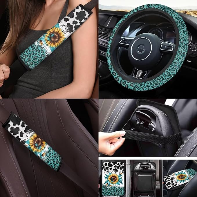 Cow Print Car Accessories Full Set for Women Man,17Pcs Sunflower Car Seat Covers Sets with Front and Split Rear Bench,Auto Front Rear Foot Carpet,Auto Seat Belt Cover,Cup Mats,Universal Fit