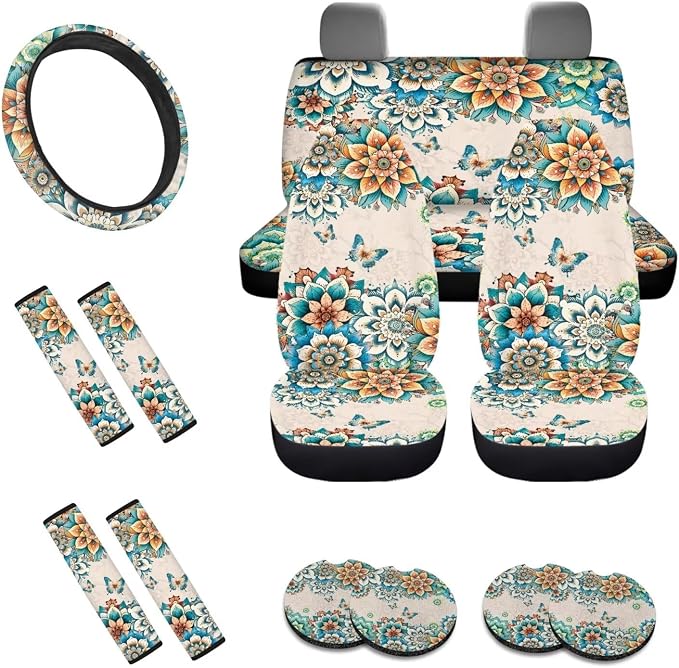 Boho Mandala Butterfly Pattern 13 Pieces Car Accessories, Car Seat Covers Full Set, Wear Resisting Steering Wheel Cover, Seat Belt Pads, Cup Holder Coasters Auto Interior Decoration