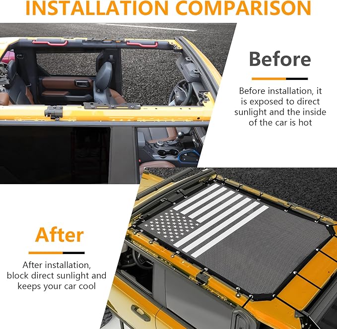 Sunshade for Ford Bronco, Mesh Sun Shade Bikini Top Cover for 2021 2022 2023 2024 2025 2026 4 Door Ford Bronco Exterior Accessories- Blocks UV, Wind, Noise (US Flag)