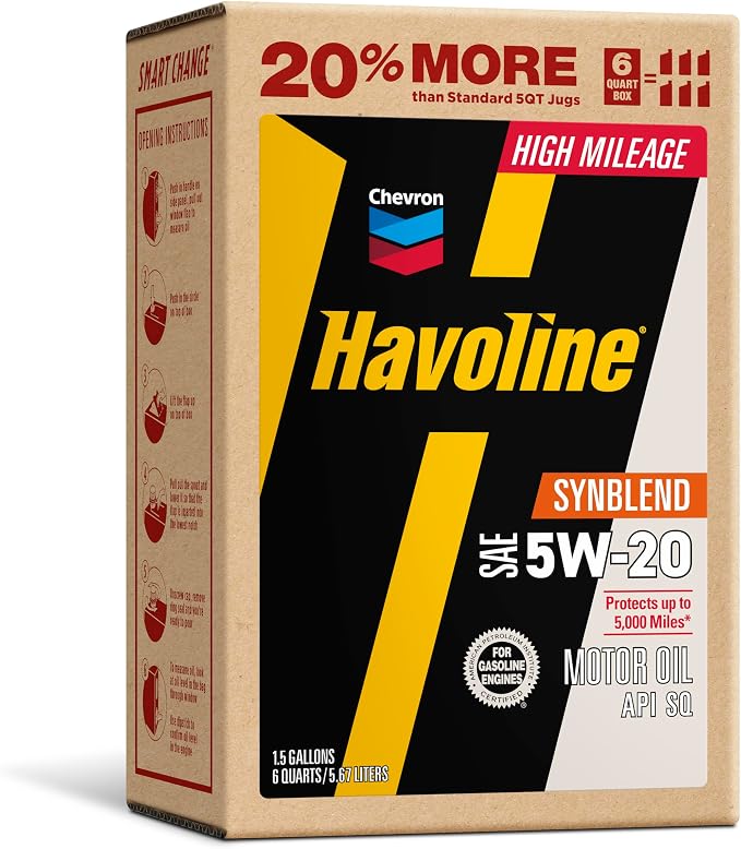 Havoline Motor Oil 5w20 High Mileage Synthetic Technology Smart Change Engine Oil, 5W-20, 6 Quarts, Pack of 1