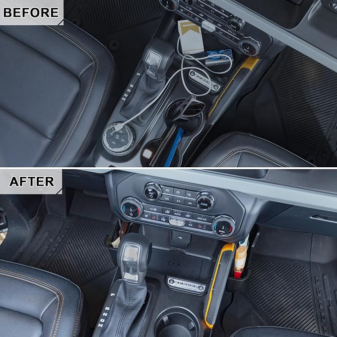 TOPINSTALL Gear Shifter Organizer and Windshield Sunshade Compatible with 2021-2024 Bronco 2/4 Door, Center Console Gear Side Storage Box Tray and Front Window Sun Protector (Not for Sport Model)
