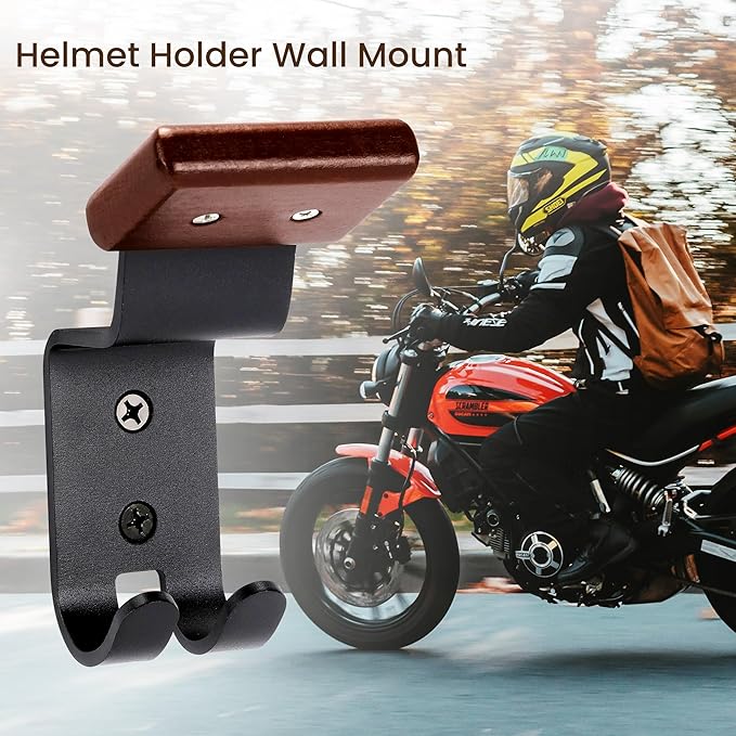 Motorcycle Helmet Holder Wall Mount - Solid Wood & Steel Gear Organizer Rack with 2 Hooks, Heavy Duty Display Hanger for Helmets, Football Gear, Ski Equipment, Hats, Jackets - 2 Pcs