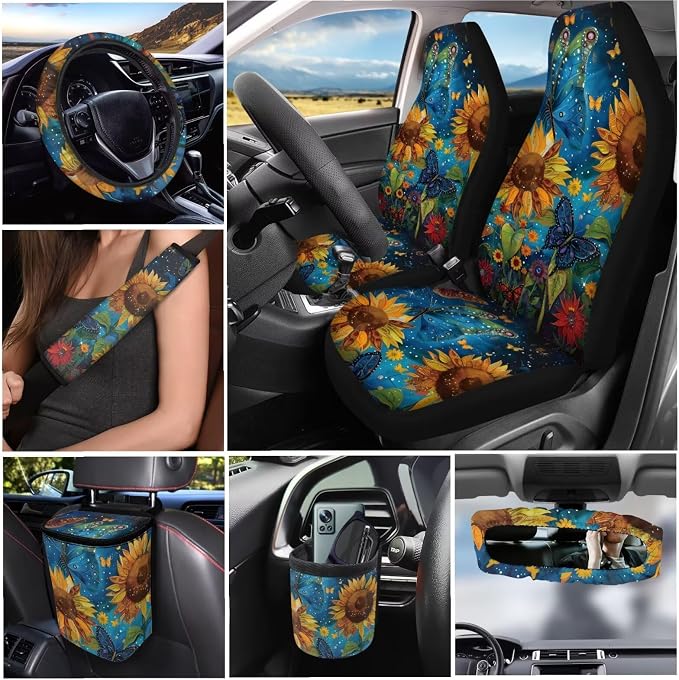 Dreaweet Starry Sky Sunflower Car Seat Covers Full Set for Women Universal Car Accessories - Steering Wheel Cover Seatbelt Covers Car Coasters Trash Bag Vent Storage Bag Rearview Mirror Cover Keychain