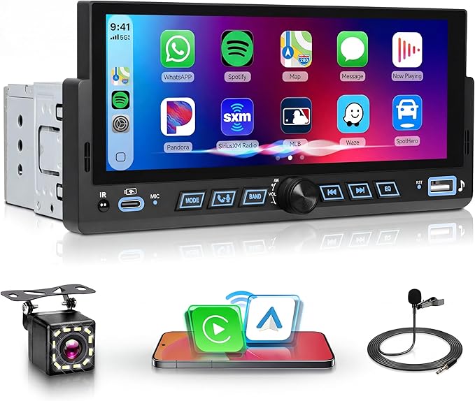 Car Stereo Single Din Wireless Carplay 6.86 inch Touch Screen Android Auto, Rimoody Car Radio with Bluetooth 5.2 Mirror Link FM/EQ USB/AUX/TF/SWC/MIC Car Audio Receiver with Backup Camera