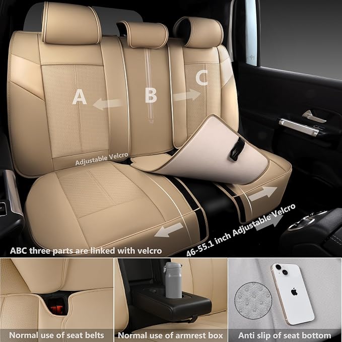 CAR PASS Nappa Leather Seat Covers, Breathable Waterproof Car Seat Covers Full Set, Luxury 3D Sponge Support Full Coverage Seat Protector, Universal Fit SUV Pick-up Truck Sedan Automotive All Beige