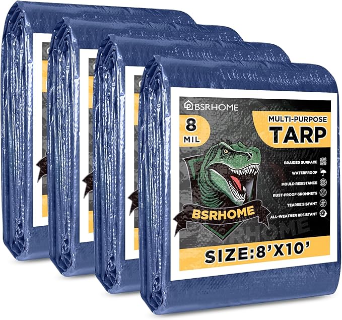 Tarps Waterproof 8x10 Feet, 4 Pack Heavy Duty Blue Tarp Cover 8 Mil Thick, Resistant Plastic Tarpaulin with Metal Grommets, Outdoor Tent Cover for Emergency Rain