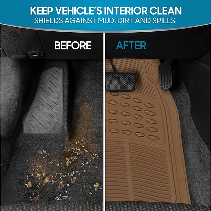 BDK ProLiner Car Floor Mats for Cars Trucks SUV, 3-Piece All-Weather Heavy Duty Rubber Liners with Universal Trimmable Fit, Durable Waterproof Vehicle Auto Floor Mats with Capture Ridges Biege