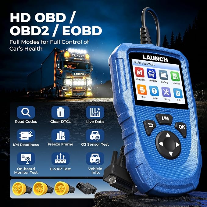 LAUNCH CR HD V2 Heavy Duty Truck Diagnostic Tool, HD OBD Scanner, Diesel Code Reader, OBD2 & Heavy Duty Diagnostic, DTC Lookup, Battery Voltage Check, Freelifetime Upgrade for DIYers