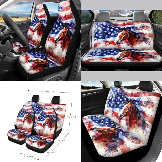American Flag Horse Printed 15 PCS Car Accessories, Universal Auto Seat Protector Steering Wheel Cover Seatbelt Strap Covers Trash Can Cup Holders Rearview Mirror Cover Keychain