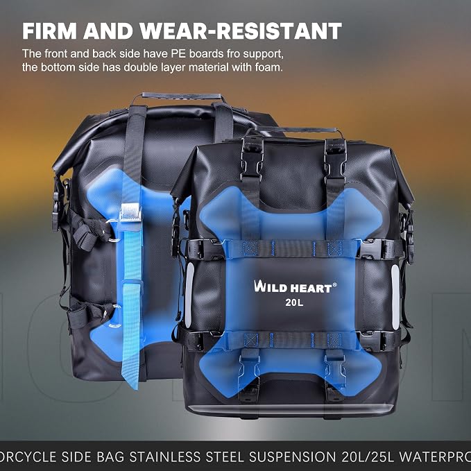 WILD HEART Motorcycle side bag stainless steel suspension waterproof bag Saddlebags 20L/25L waterproof Pianner Bag wear-resistant general-purpose Bike accessories (Black TPU, 20L One Pack)