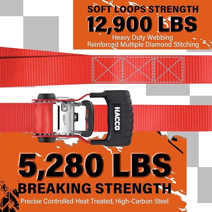 HACCOPLANET Ratchet Straps, 5280lb Break Strengeth, 1.6" Heavy Duty Ratchet Tie Down Strap Set w/Padded Handle, S Hook, Soft Loop for UTV Motorcycle Truck Cargo Straps (Red, 8FT)