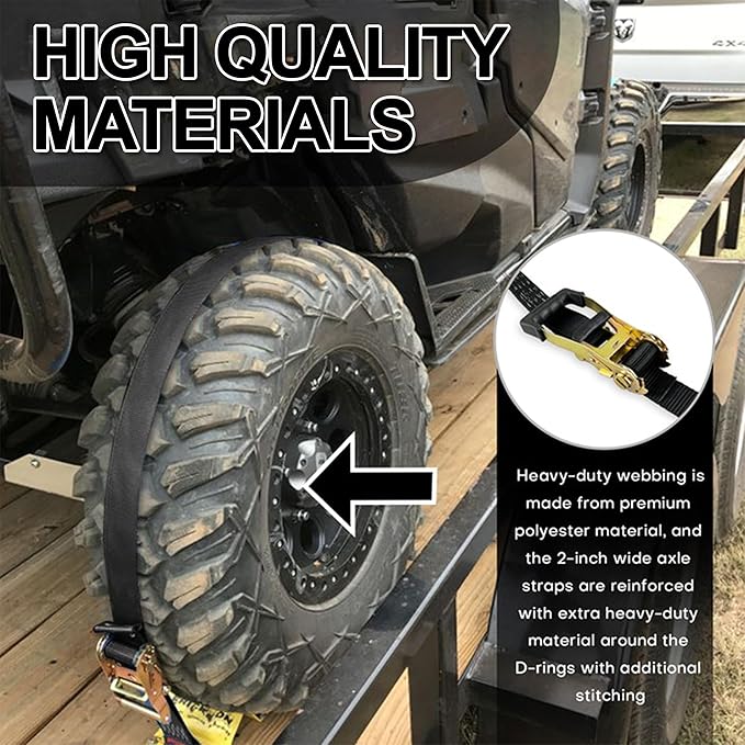 Car Trailer Tie Down Straps 4 Pack Kit, 2" x 8" Ratchet Straps Tie Down with Double J Hook with Clip, 2" x 36'' Heavy Duty Axle Strap for Car, Truck, UTV Transport,10,000lbs Break Strength