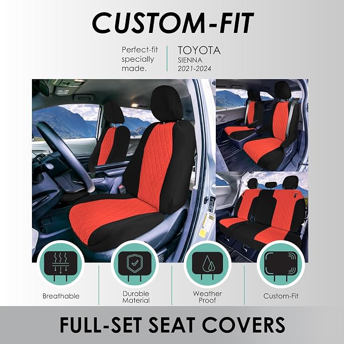 FH Group Custom Fit Car Seat Covers Specifically Made for Toyota Sienna 2021-2024, Red Ultraflex Neoprene Full Set Automotive Seat Covers, 7 Seater SUV Seat Covers, Toyota Accessories