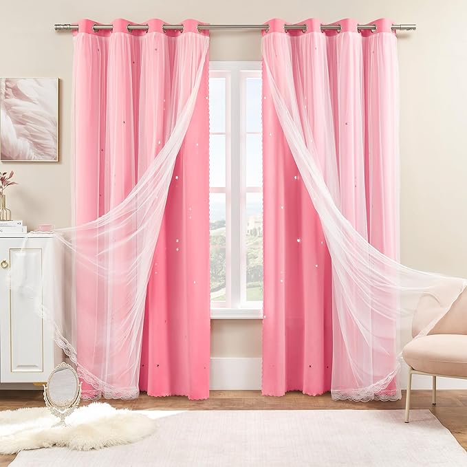 XiDi Pink Curtains 96 Inches Long for Girls Bedroom Living Room Darkening Privacy Double Layer Curtains with Sheer Overlay for Kids Toddler Princess Nursery Room Decor Grommet Window Drapes W52 X L96